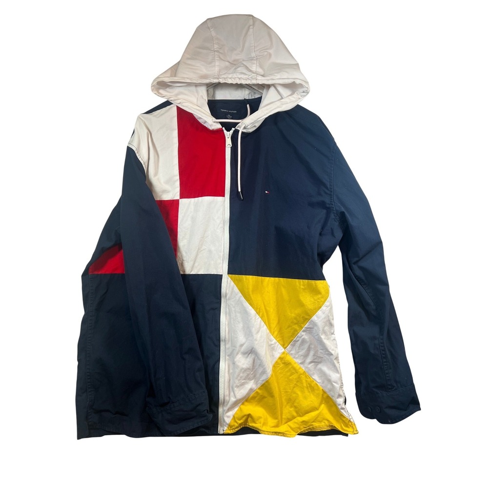 Tommy Hilfiger Mens XXL Colorblock Nautical Hooded Windbreaker Jacket Navy Red